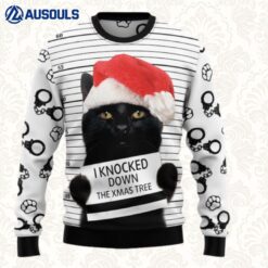 Black Cat Knocked Down Xmas Tree Ugly Sweaters For Men Women Unisex