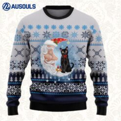 Black Cat Love Santa Moon Ugly Sweaters For Men Women Unisex