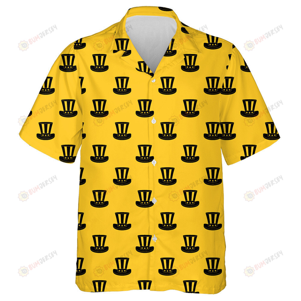 Black Silhouette Of American Uncle Sam Hat On Yellow Background Hawaiian Shirt