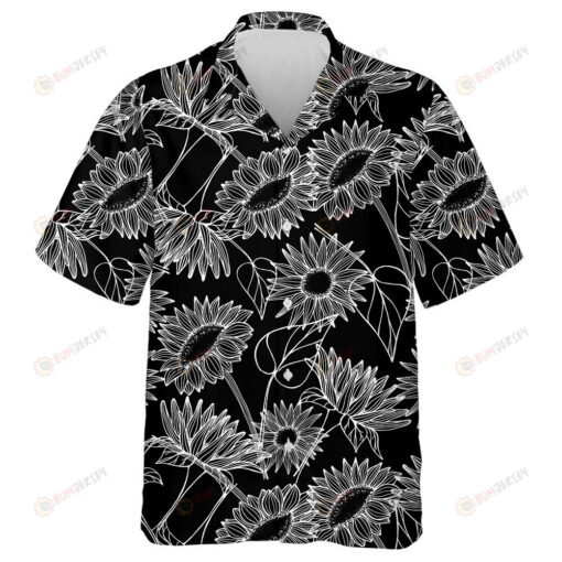 Black Theme Of Hand Drawn Sunflowers Bud And Leaves Hawaiian Shirt