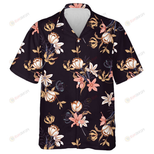 Black Theme Tulip Flowers In Pink And White Hand Drawn Pattern Hawaiian Shirt