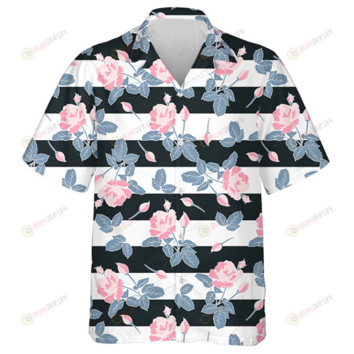 Black White Stripes Background With Watercolor Pink Rose Hawaiian Shirt