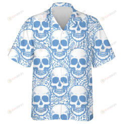 Blue And White Human Skull On Oranement Background Hawaiian Shirt