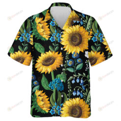 Blue Floral And Sunflowers Hippie Pattern On Black Background Hawaiian Shirt
