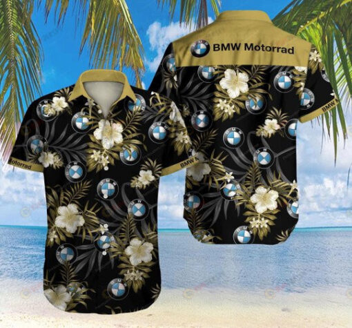 Bmw Motorrad Floral And Leaves Pattern Curved Hawaiian Shirt In Black And Yellow