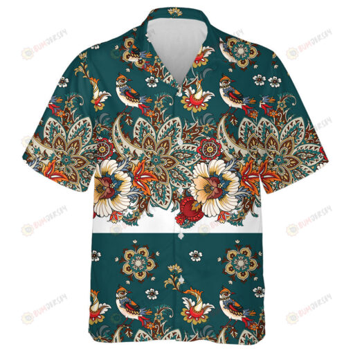 Border Paisley Beautiful Flowers With Bird Pattern On Dark Green Hawaiian Shirt