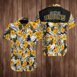 Boston Bruins Floral & Leaf Pattern Curved Hawaiian Shirt In Black & Yellow