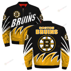 Boston Bruins Logo On Fire Pattern Bomber Jacket- Yellow/Black