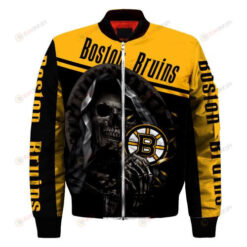 Boston Bruins Logo With Skull Pattern Bomber Jacket- Yellow/Black