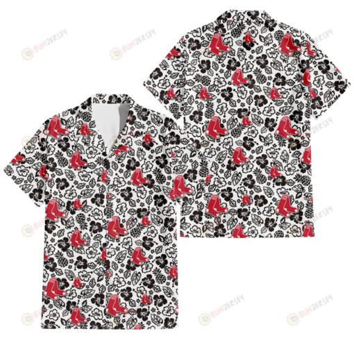 Boston Red Sox Black And White Hibiscus Leaf White Background 3D Hawaiian Shirt