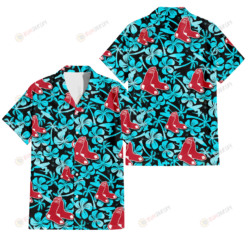 Boston Red Sox Blue Hibiscus Blue Coconut Tree Black Background 3D Hawaiian Shirt