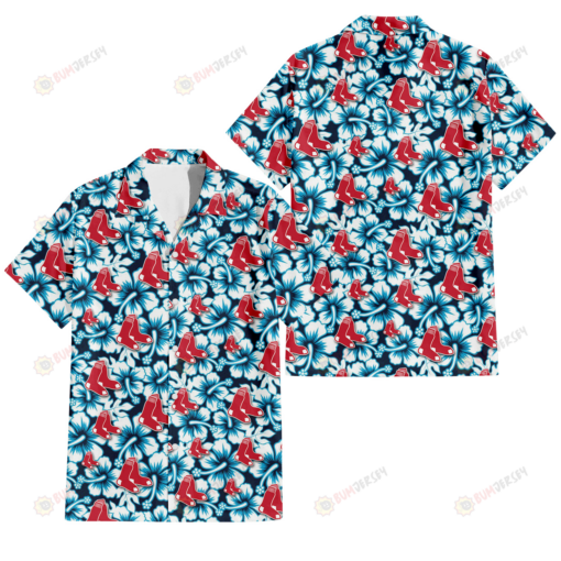 Boston Red Sox Blue Line White Hibiscus Black Background 3D Hawaiian Shirt