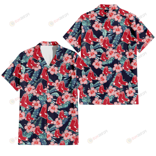 Boston Red Sox Coral Hibiscus Green Banana Leaf Black Background 3D Hawaiian Shirt