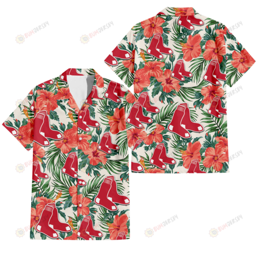 Boston Red Sox Coral Hibiscus Green Leaf Beige Background 3D Hawaiian Shirt