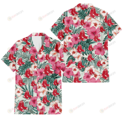 Boston Red Sox Coral Pink Hibiscus Green Leaf Beige Background 3D Hawaiian Shirt