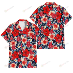 Boston Red Sox Coral Red Hibiscus Blue Palm Leaf Black Background 3D Hawaiian Shirt