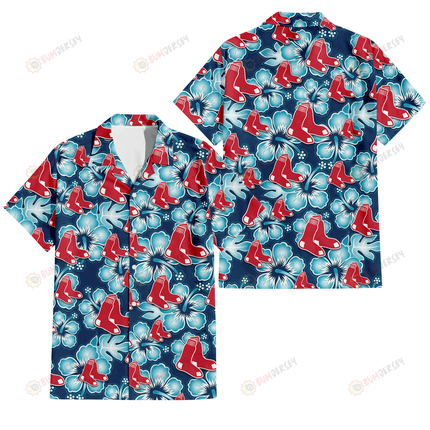 Boston Red Sox Dark Turquoise Hibiscus Navy Background 3D Hawaiian Shirt