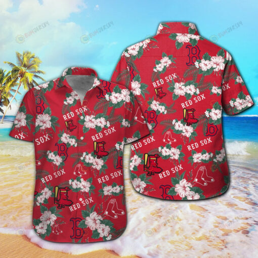 Boston Red Sox Floral & Leaf Pattern Curved Hawaiian Shirt W Button Up