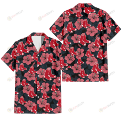 Boston Red Sox Light Coral Hibiscus Gray Leaf Black Background 3D Hawaiian Shirt