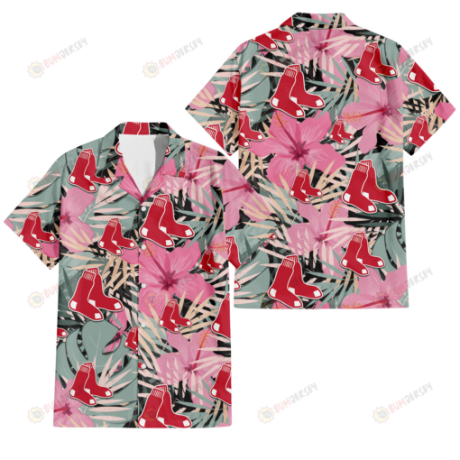 Boston Red Sox Light Pink Hibiscus Pale Green Leaf Black Background 3D Hawaiian Shirt