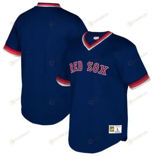 Boston Red Sox Mitchell And Ness Big And Tall Cooperstown Collection Mesh Wordmark V-neck Jersey - Navy