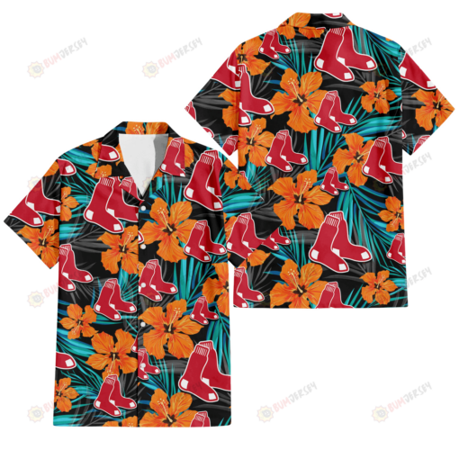 Boston Red Sox Orange Hibiscus Blue Gray Leaf Black Background 3D Hawaiian Shirt