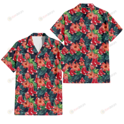 Boston Red Sox Orange Hibiscus Green Tropical Leaf Dark Background 3D Hawaiian Shirt