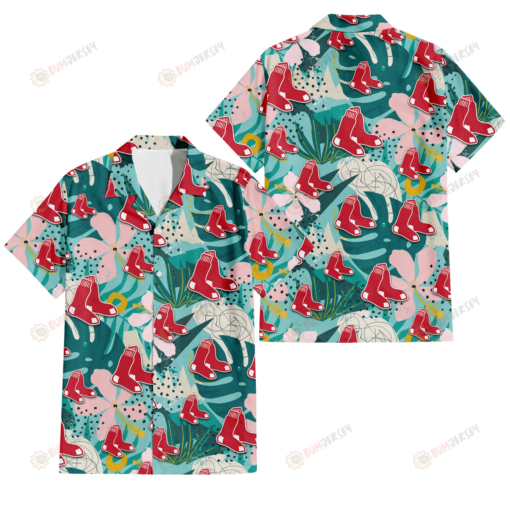 Boston Red Sox Pastel Hibiscus Palm Leaf Tiny Dot Green Background 3D Hawaiian Shirt