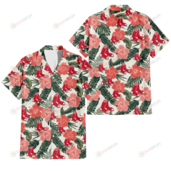 Boston Red Sox Pink Coral Hibiscus Banana Leaf Beige Background 3D Hawaiian Shirt