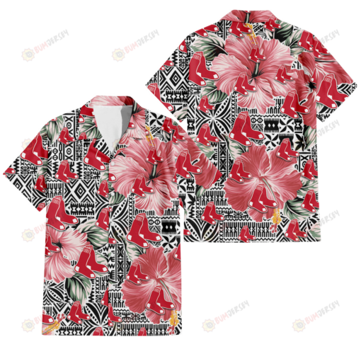 Boston Red Sox Pink Hibiscus Black Pattern White Background 3D Hawaiian Shirt