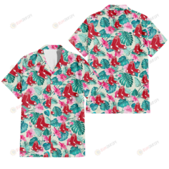 Boston Red Sox Pink Hibiscus Green Leaf Beige Background 3D Hawaiian Shirt