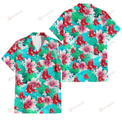 Boston Red Sox Pink Hibiscus Green Leaf Blue Background 3D Hawaiian Shirt