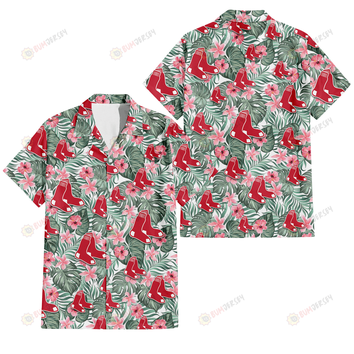 Boston Red Sox Pink Hibiscus Porcelain Flower Tropical Leaf White Background 3D Hawaiian Shirt