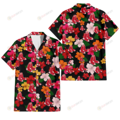 Boston Red Sox Pink Orange Yellow White Hibiscus Black Background 3D Hawaiian Shirt