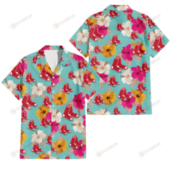 Boston Red Sox Pink Yellow White Hibiscus Turquoise Background 3D Hawaiian Shirt