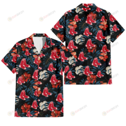 Boston Red Sox Red And White Hibiscus Dark Leaf Black Background 3D Hawaiian Shirt