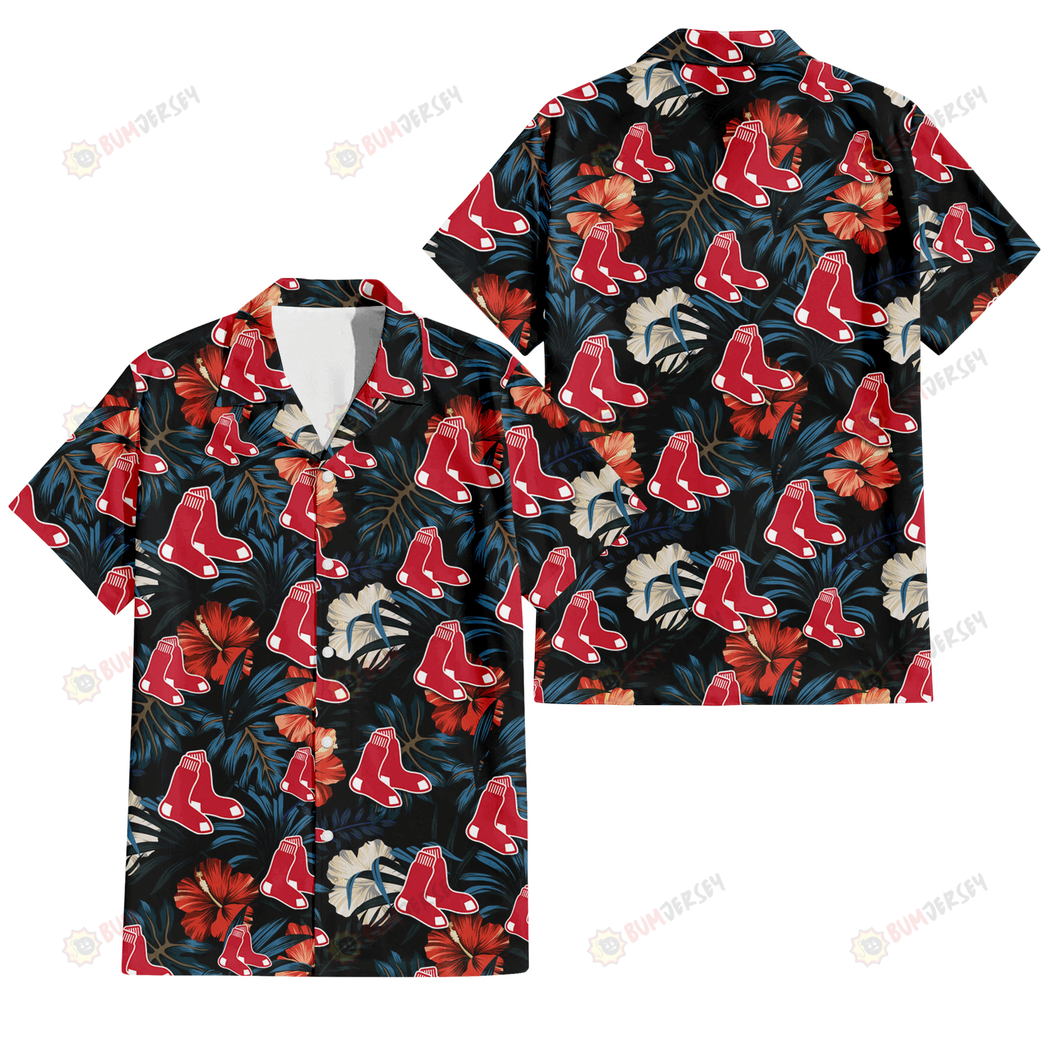 Boston Red Sox Red And White Hibiscus Dark Leaf Black Background 3D Hawaiian Shirt