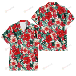 Boston Red Sox Red Coral Hibiscus White Porcelain Flower Banana Leaf 3D Hawaiian Shirt