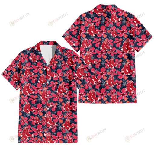 Boston Red Sox Red Hibiscus Dark Gray Background 3D Hawaiian Shirt