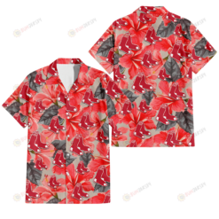 Boston Red Sox Red Hibiscus Gray Leaf Beige Background 3D Hawaiian Shirt