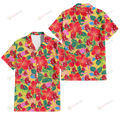 Boston Red Sox Red Hibiscus Green Blue Leaf Yellow Background 3D Hawaiian Shirt