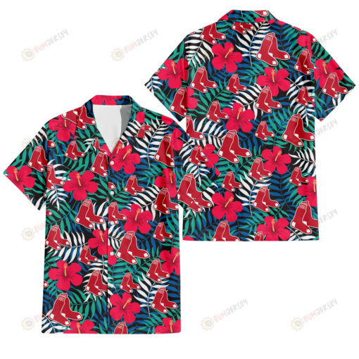 Boston Red Sox Red Hibiscus Green Blue White Leaf Black Background 3D Hawaiian Shirt