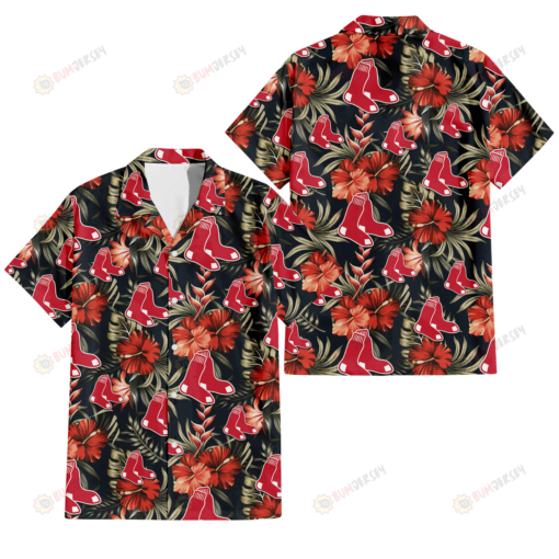 Boston Red Sox Red Hibiscus Green Leaf Dark Background 3D Hawaiian Shirt