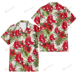 Boston Red Sox Red Hibiscus Green Tropical Leaf Cream Background 3D Hawaiian Shirt