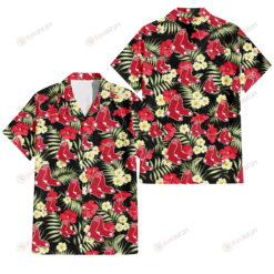 Boston Red Sox Red Hibiscus Yellow Porcelain Flower Black Background 3D Hawaiian Shirt