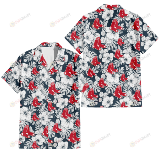 Boston Red Sox Sketch Hibiscus Leaf Dark Gray Background 3D Hawaiian Shirt