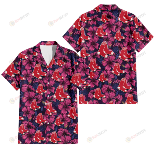 Boston Red Sox Violet Red Blue Leaf Black Background 3D Hawaiian Shirt