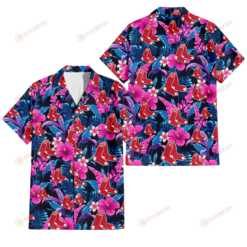 Boston Red Sox Violet Red Hibiscus Blue Leaf Black Background 3D Hawaiian Shirt