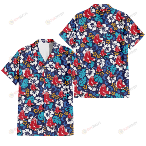 Boston Red Sox White Hibiscus Ceramic Style Navy Background 3D Hawaiian Shirt