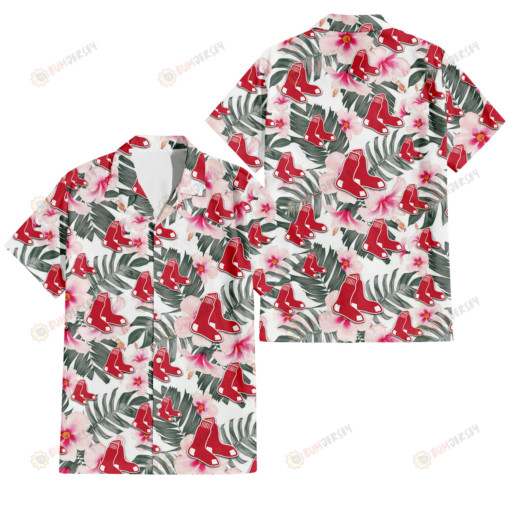 Boston Red Sox White Hibiscus Green Leaf White Background 3D Hawaiian Shirt